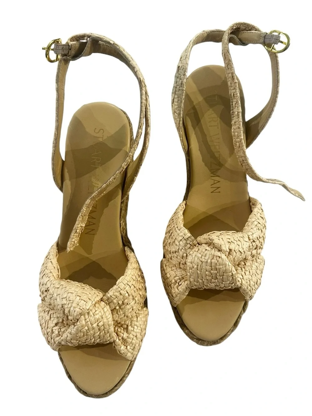 Stuart Weitzman Playa Woven Knotted Vamp Ankle Strap Wedge Espadrille Sandals